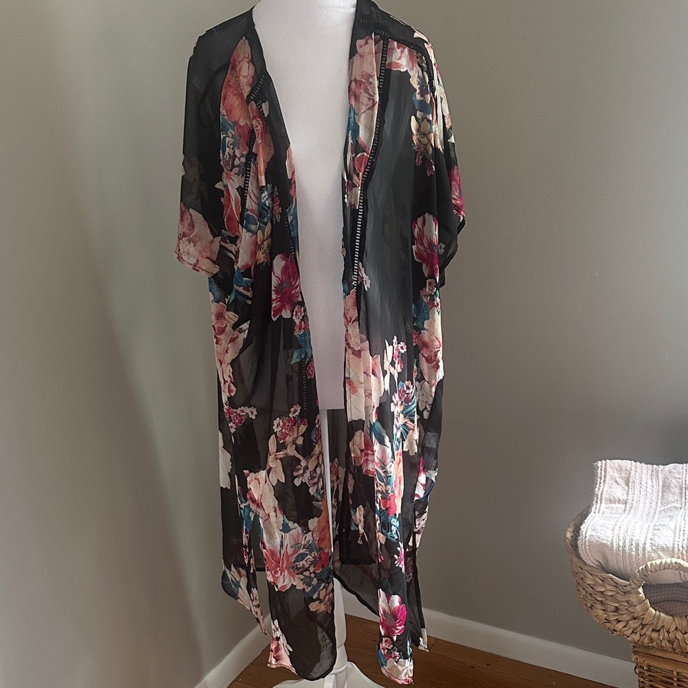 Band of Gypsies Sheer Black Floral Kimono, Sz S